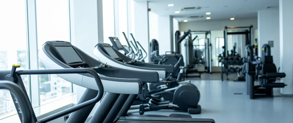 A row of treadmills beside tall windows on a bright gym floor, with more machines in the background — gym and fitness studio insurance in Michigan